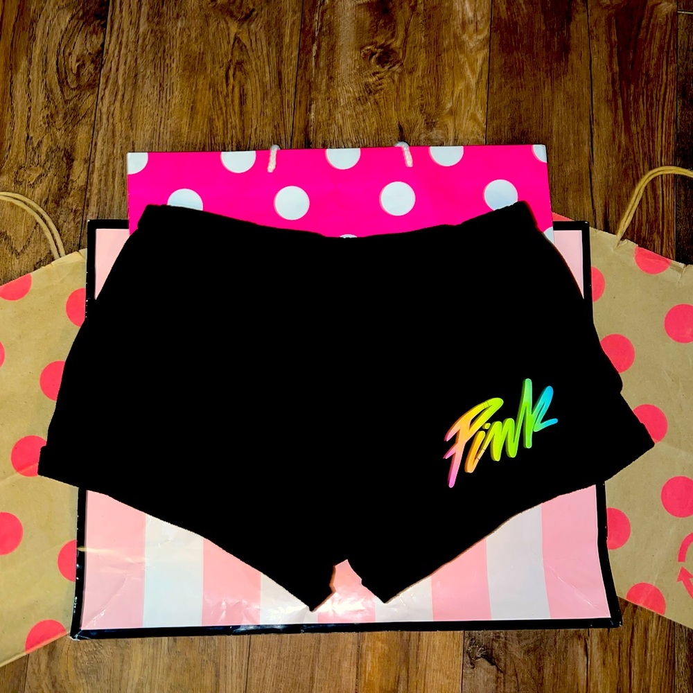 VS PINK Size MEDIUM HTF Black with Ombré Neon Logo Boyfriend Shorts.